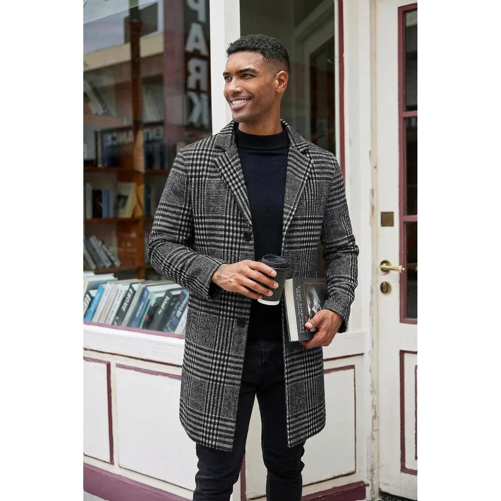 COOFANDY Men's Black Plaid Overcoat Winter Peacoat Men Wool Coats Trench Coat L